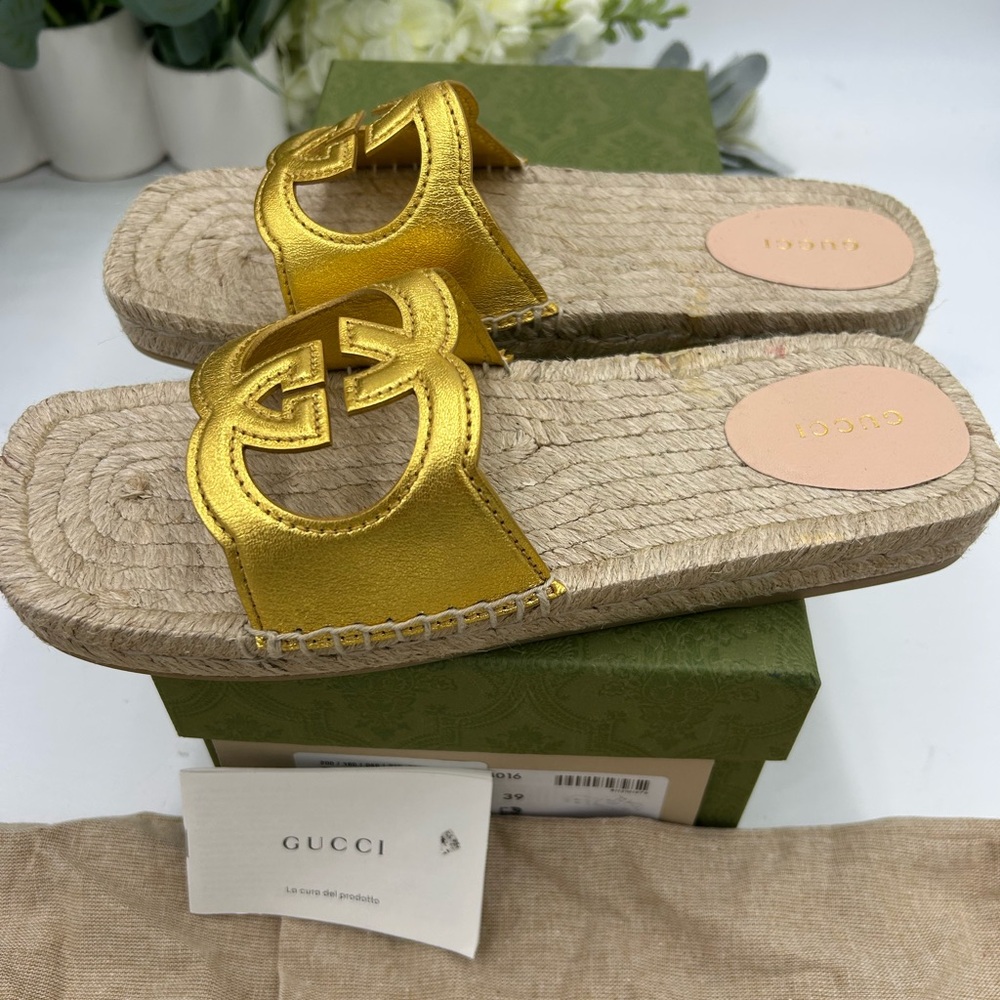 Women's Gucci interlocking G metallic gold leather espadrilles size 39 - Picture 5 of 8
